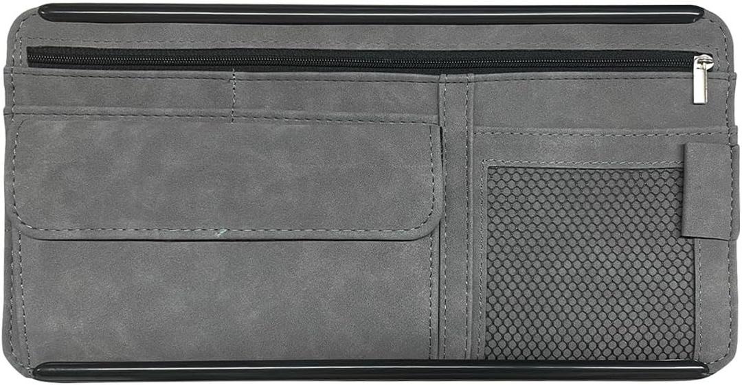 Suede Car Sun Visor Organizer with Multi-Pocket Net Zipper, Glasses Case, Sunglass Holder (Grey)