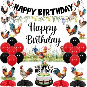 Rooster Birthday Party Decorations for Boys Girls - Rooster Happy Birthday Backdrop Banner, Cake Topper, Chicken Hanging Swirls, Honeycomb Centerpieces for Farm Animal Chick Barnyard Party