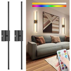 31.5 inch Battery Operated Wall Sconce Set Of 2, 10000mAh Rechargeable Wall Light With Remote Control, RGB Dimmable Wireless Sconces Wall Decor For Bedroom Living room Hallway, 360Rotate, Black