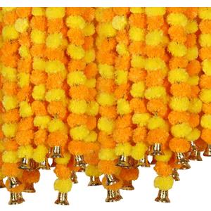 Marubhumi 5 PC 4.5 Feet Long Strands Artificial Marigold Flowers with Bell Garland for Diwali Decor, Garland for Decoration, Diwali Decorations for Home, Christmas Decor Wedding Decor (Yellow/Mango)