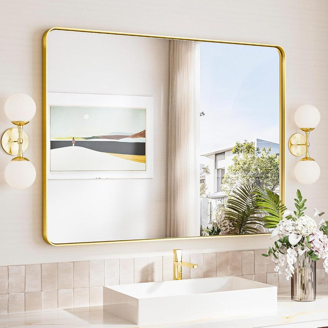 TokeShimi Brushed Gold Bathroom Mirror,40x30 Large Bathroom Mirror Rectangle, Aluminum Vanity Mirror Bathroom Wall with Tempered Glass, Modern Gold Mirror Framed(Horizontal/Vertical)