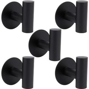TocTen Bath Towel Hook, Strong Self Adhesive Robe Hook, SUS 304 Stainless Steel Stick on Wall Coat/Clothes Hook No Drilling, Shower Wall Hook for Bathroom Kitchen Office Closet(Matte Black, 5 Pack)