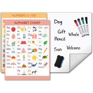 COMIX Magnetic Dry Erase Board, Magnetic Alphabet Chart, 1-100 Number Chart for Kids, 26" x 17" Adhesive White Board with 4 Marker for Kids at Home Student Classroom