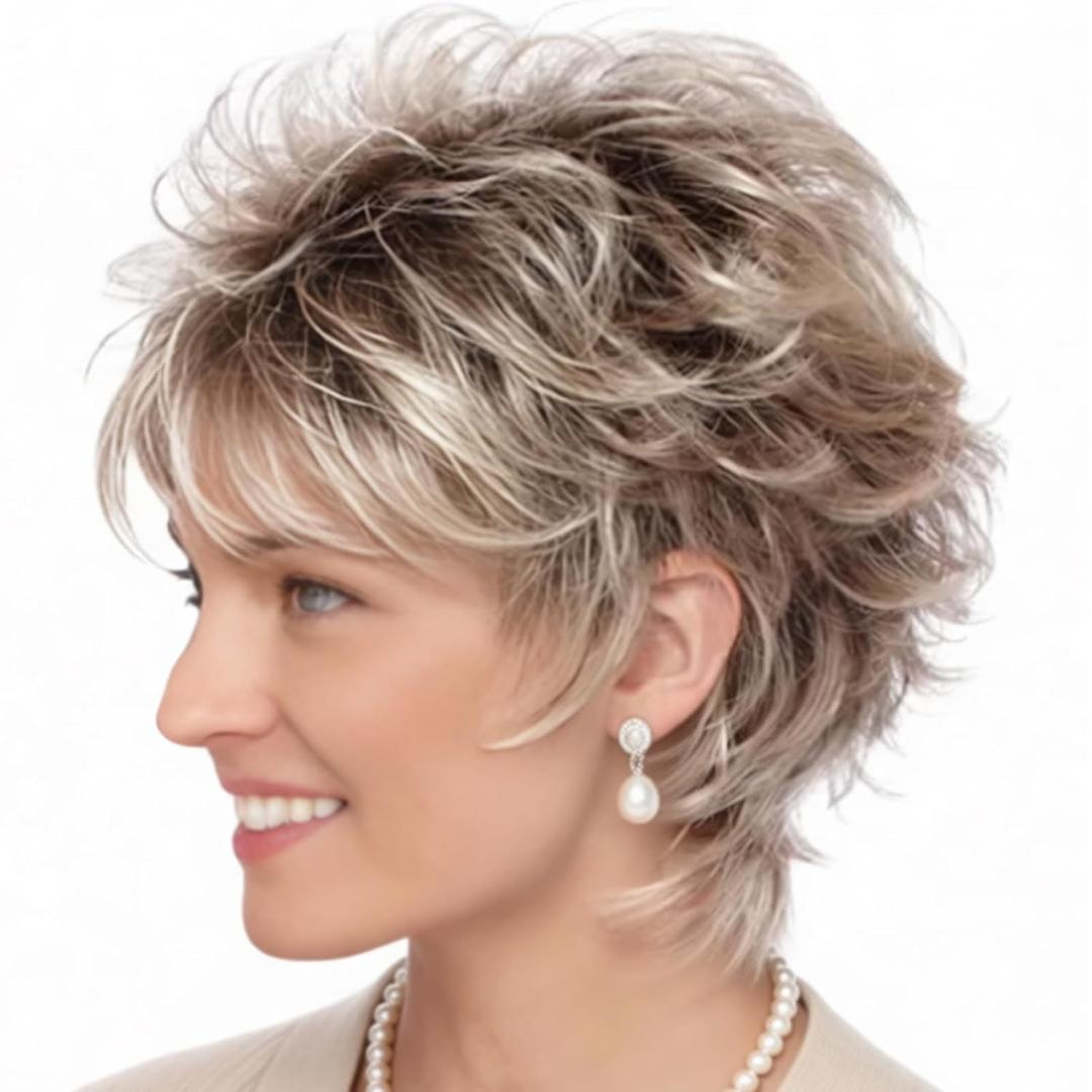 TISHINING Layered Short Blonde Pixie Wigs for White Women Dark Brown Ombre Blonde Pixie Cut Wig with Bangs Synthetic Natural Looking Daily Party Wig
