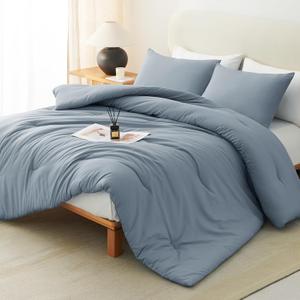 CozyLux Grayish Blue Comforter Set Queen Size, 3 Pieces Solid Breathable Quilted Boho Style Bedding Sets, Luxury Fluffy Soft Microfiber Comforter for All Season(1 Comforter & 2 Pillowcases)