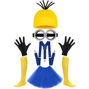 Halloween Costume Cosplay for Women Adult Yellow or Purple Beanie, Tutu Dress, Goggles, Black Gloves & Suspenders