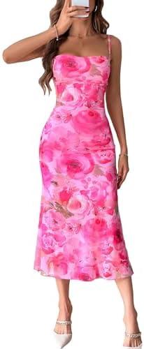 GORGLITTER Women's Floral Wedding Guest Derby Midi Dress Cocktail Summer Boho Beach Going Out Fishtail Sun Dresses, Size Small