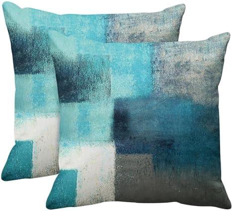 Britimes Throw Pillow Covers Modern Home Art Decor, 18 x 18 Inches Set of 2 Pillow Cases Decorative, Abstract Oil Painting Pillowcases for Bedroom, Living Room, Teal Peacock Blue