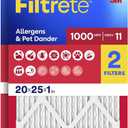 2 x Filtrete 20x25x1 AC Furnace Air Filter, MERV 11, MPR 1000, Micro Allergen Defense, 3-Month Pleated 1-Inch Electrostatic Air Cleaning Filter, 2 Pack (Actual Size 19.688 x 24.688 x 0.84 in)