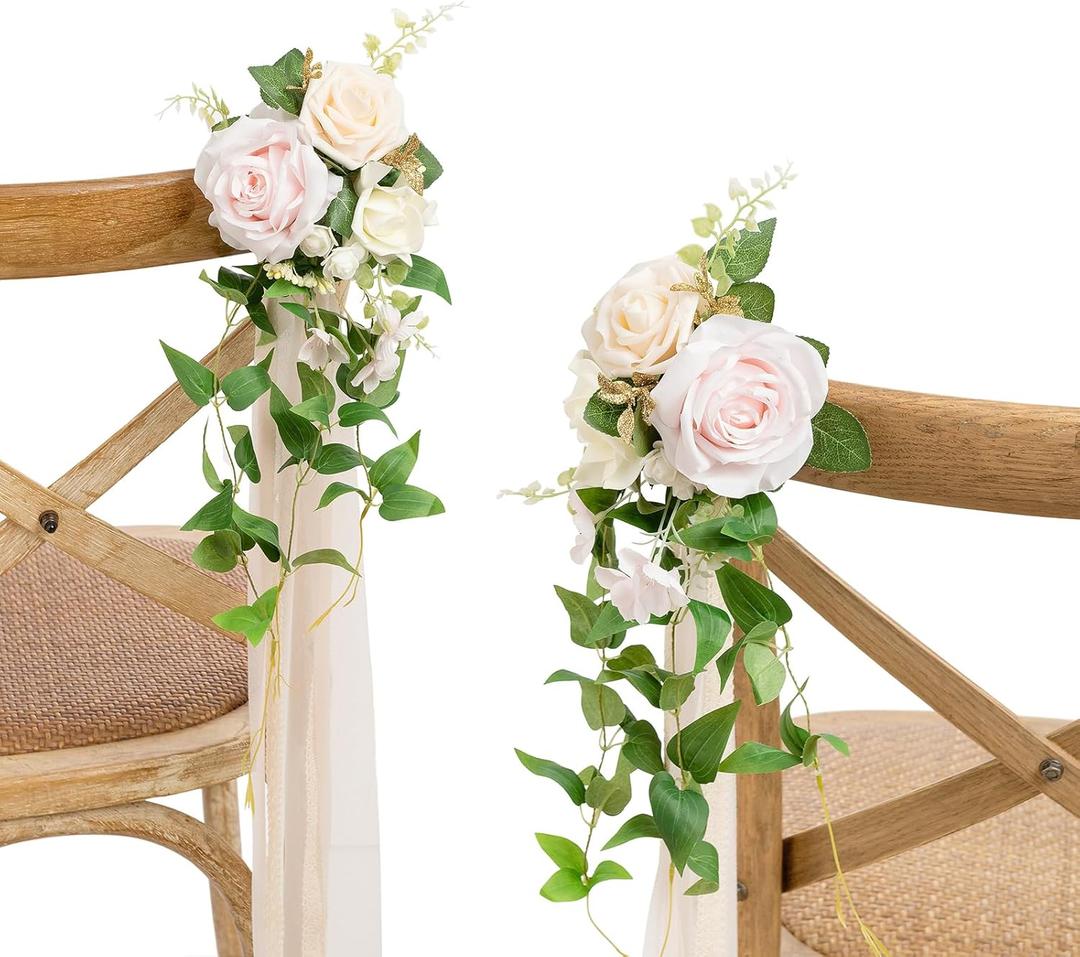 Ling's Moment 8pcs Wedding Artificial Aisle Pew Flowers Chair Decorations Arrangements with Chiffon Ribbons Blush Pink Cream for Ceremony Chair Back Floral Decor Reception Church Party Outdoor