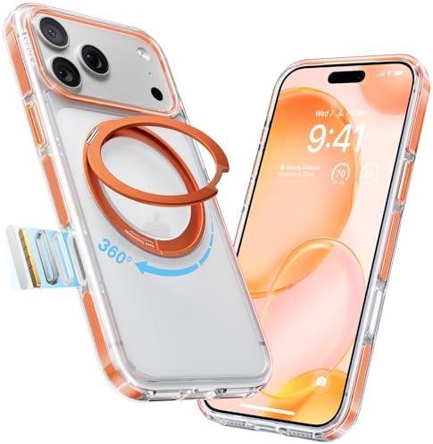 TORRAS 360 Magnetic Stand for iPhone 17 Pro Max Case, [Fit for MagSafe] [Military-Grade Protection] Slim Case for iPhone 17 Pro Max 6.9" 2025, Clear-Orange, Ostand O3 Fitness Series