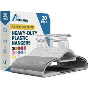 Lifemaster Plastic Clothes Hanger Set - 20 Pieces Versatile, Lightweight, Space-Saving, Non-Slip, Slim Designed, Dry and Wet Clothes Hanger Set with 360 Swivel Hook and Rubber Coating - Gray
