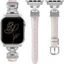 Slim Leather Band Compatible with Apple Watch Bands Women 38/40/41/42mm Dressy Thin Leather Strap with Designer Interlock Buckle for iWatch Series 10/9/SE/8/7/6/5/4/3/2/1, Starlight+Silver