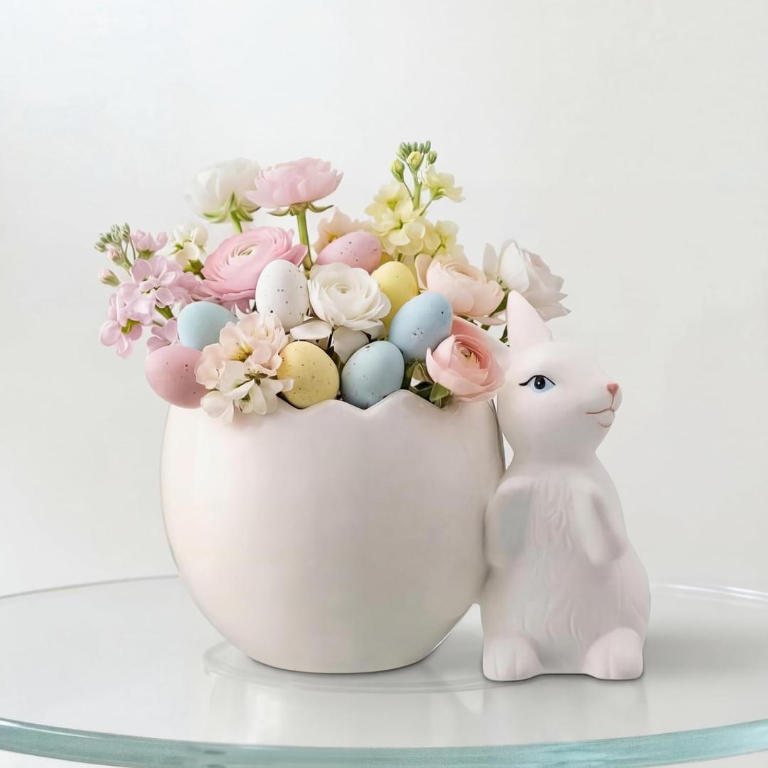 Willinglong Easter Bunny Eggshell Vase for Flowers 4.3 Inch Easter Spring Tabletop Centerpiece Rabbit Figurine Statue Eggshell Ceramic Vase Rustic Craft for Home Dining Table Living Room Decoration