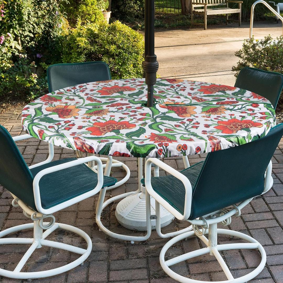 Round Outdoor Tablecloth with Umbrella Hole-Waterproof Fitted Table Cover with Elastic Zippered Wipeable Tablecloth,Fits 36"-44" Table Diameter for Picnic,Patio(Babala)