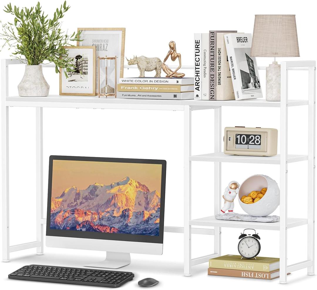 Snughome Desk Shelf, 44.9" Large Desktop Organizer Shelf, Desk Hutch for Monitor, 4 Tier Display Rack, Wooden Desktop Bookshelf Storage Rack for Home Office Dorm (White)