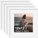 KINLINK 12x12 Picture Frame White Set of 4, Wooden Square Photo Frames Matted 8x8 with Plexiglass for 8x8 with Mat or 12x12 without Mat for Table and Wall Display