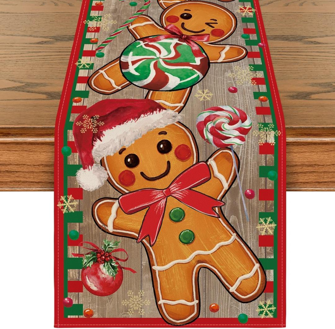 Artoid Mode Wood Gingerbread Candy Cane Christmas Table Runner, Seasonal Winter Kitchen Dining Table Decoration for Home Party Decor 13x72 Inch