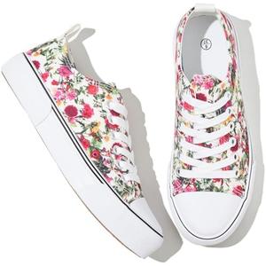 Adokoo Canvas Tennis Shoes for Women Low Top Casual White Flower Sneakers for Women Lace Up Fashion Comfortable Walking Shoes (Flower, 5.5)