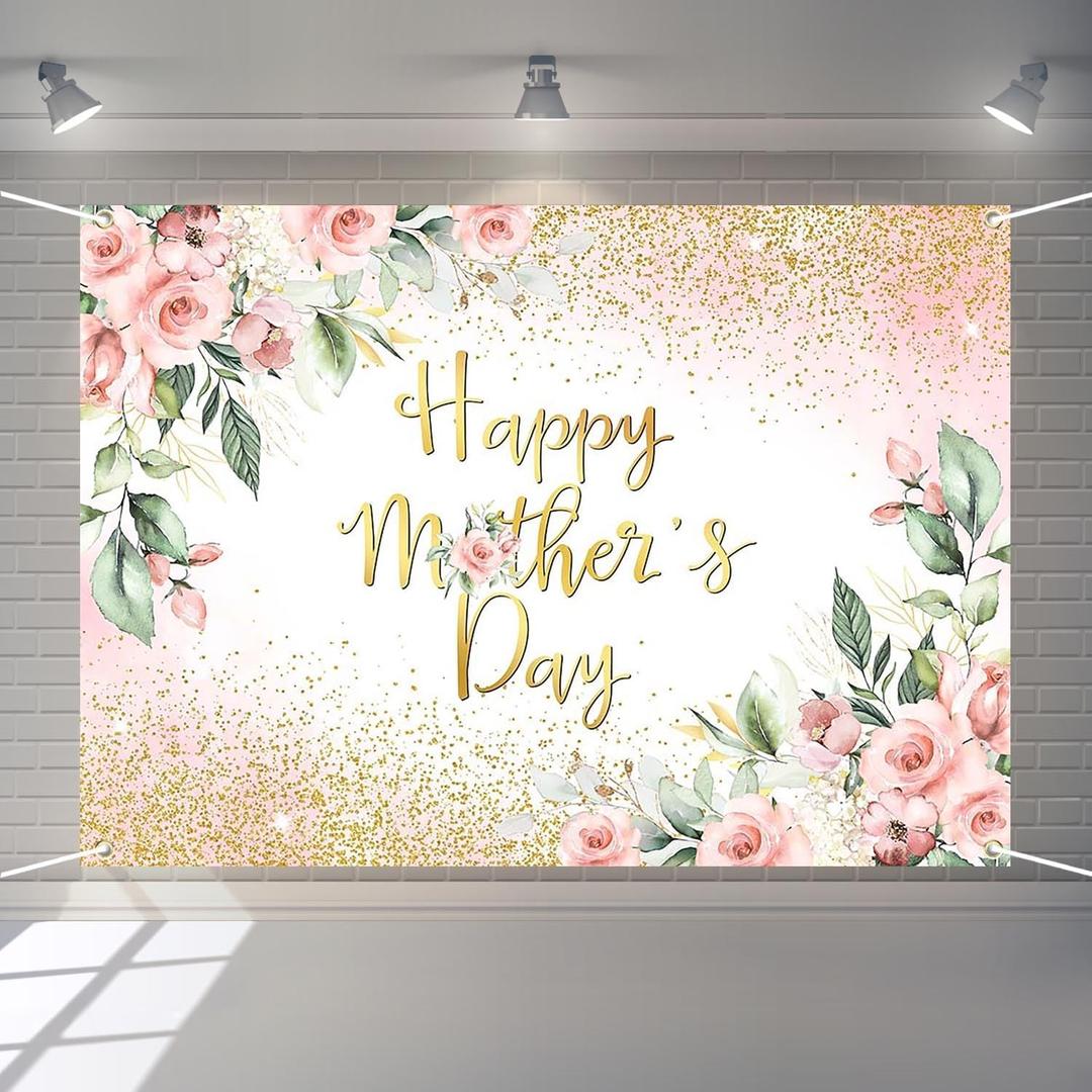 Rose Gold Floral Happy Mother's Day Backdrop Blush Pink Floral Golden Glitter Dots Mother's Day Photography Background Thanks Mom Party Decorations Banner (7x5ft)