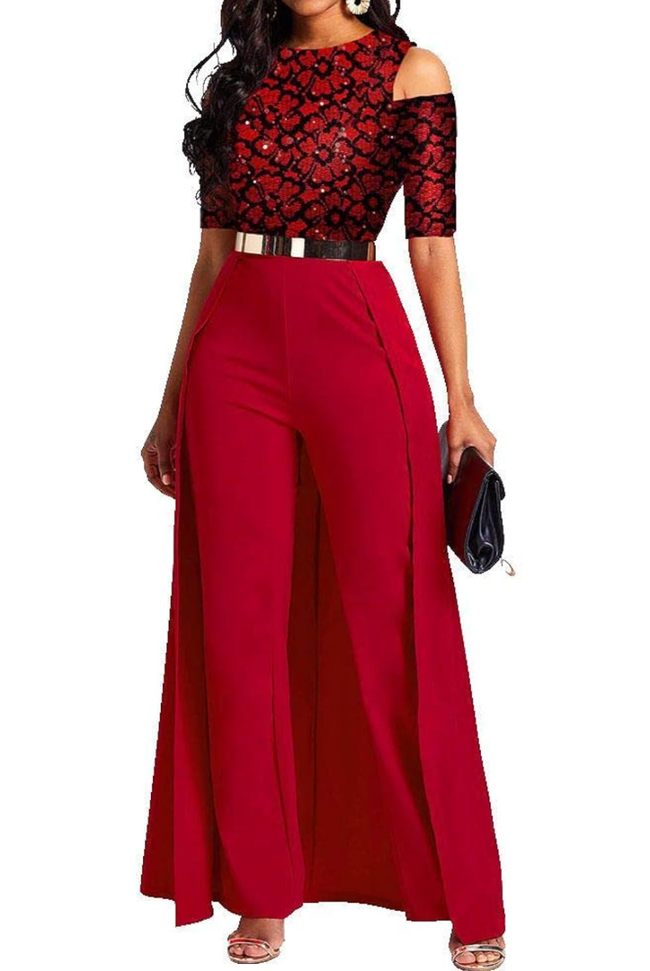 VERWIN Patchwork Overlay Embellished Plain Women's Jumpsuit High-Waist Woman Romper, 2XL