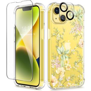 GVIEWIN for iPhone 14 Case Floral, with Screen Protector + Camera Lens Protector, [Non Yellowing]Soft Shockproof Clear Phone Protective Cover for Women,Flower Pattern Design 6.1"(Peach Blossom/Yellow) (For iPhone 14 (6.1 inch))