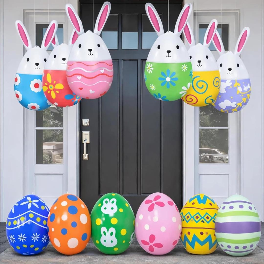12 Pcs Inflatable Easter Eggs Outdoor Decorations, Large Blow up Easter Egg Decorations for Front Door, Porch or Garden, Easter Holiday Atmosphere, Celebrate Easter in Style