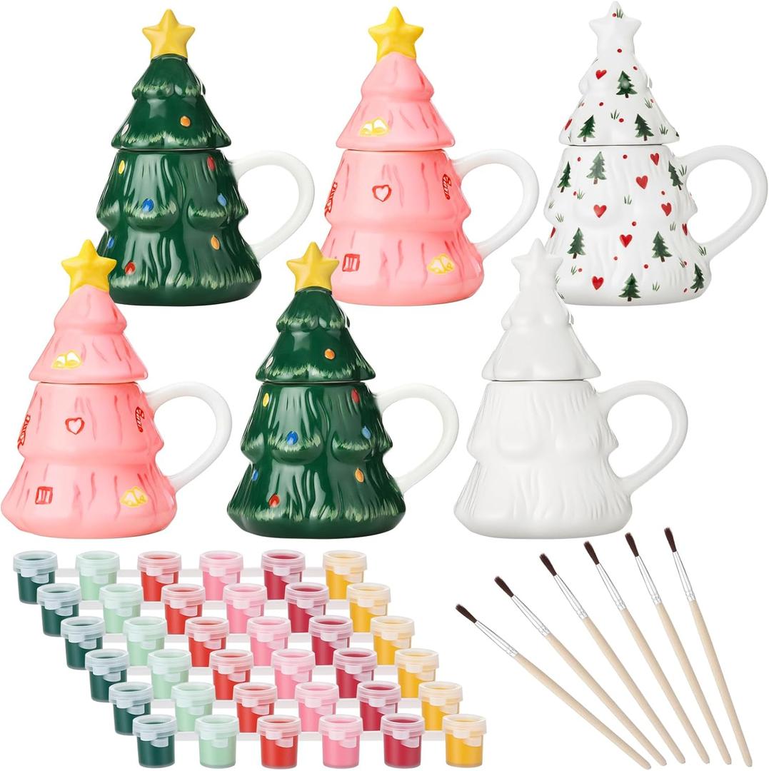 Potchen Set of 6 Christmas Tree Paint and Sip Kit Paint Your Own Mug Ceramic Painting Kit for Adults Includes Mugs, Paints, Brushes for Xmas Activities Art Favor Decoration