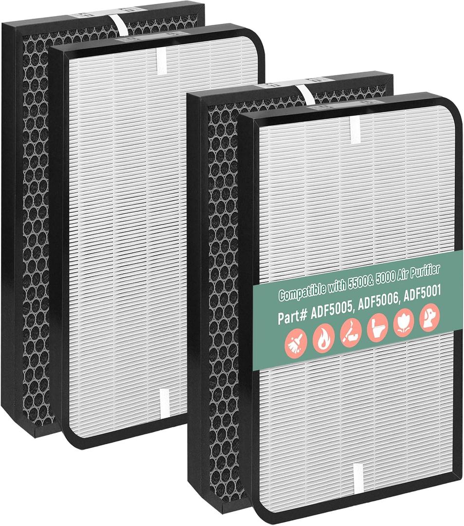 AD5500 Replacement Filter Cmpatible with Air Purifiers 5500 and 5000, With 2 Premium White Filters+ 2 Activated Carbon Filters, ADF5006, ADF5005, ADF5001