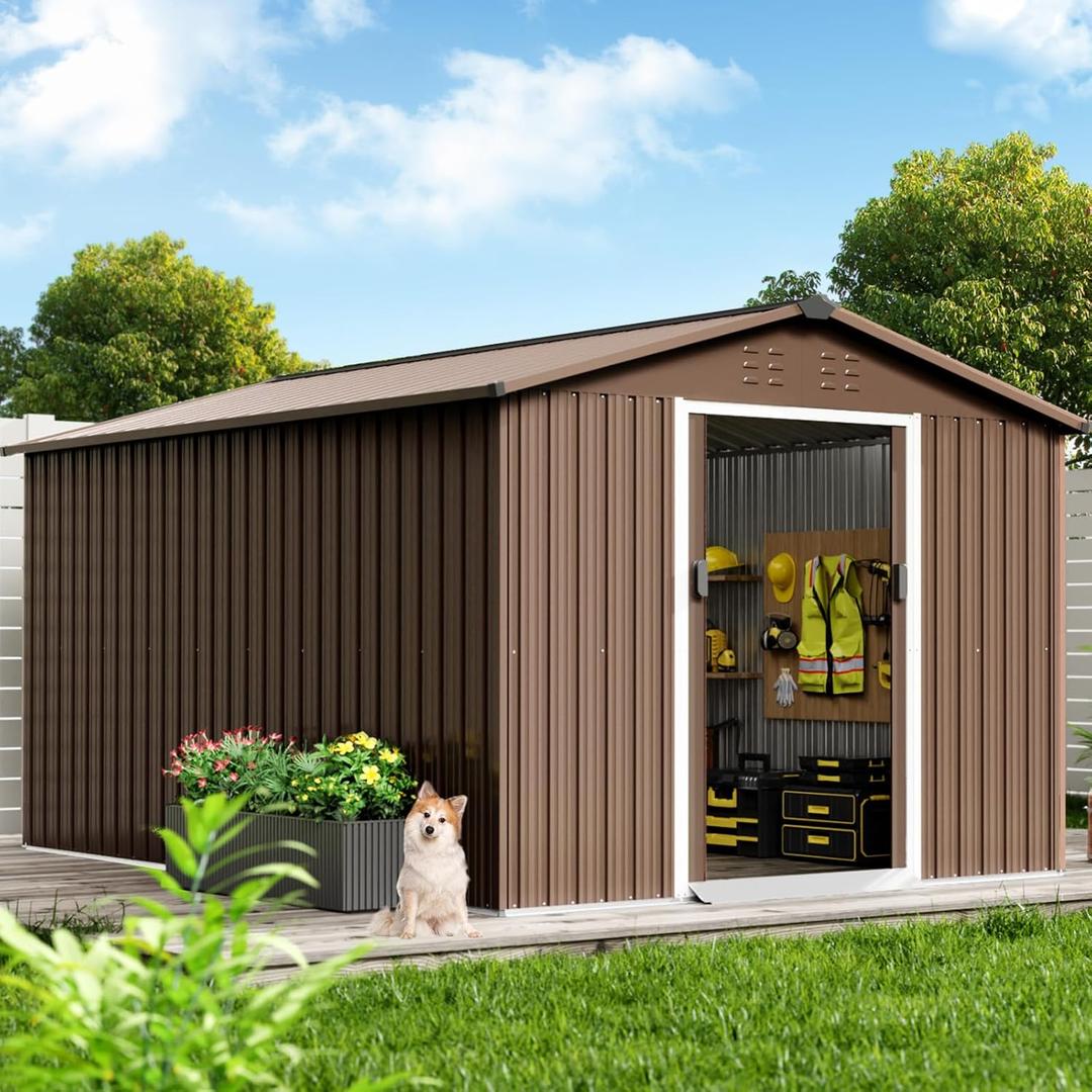 15 x 8 ft Outdoor Storage Shed, Metal Steel Utility Tool Shed Storage House with Frame Floor, Air Vents & Lockable Door, Waterproof Tool Sheds for Gardens, Patio, Garage, Lawn, Brown