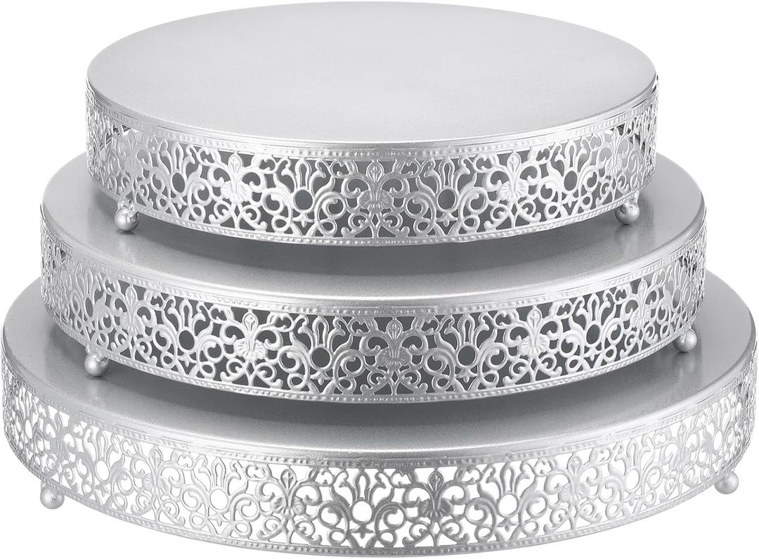 Wenqik 3 Pcs 16'' 14'' 12'' Metal Silver Cake Stand Round Cake Stands for Dessert Table Cookies Fruit Serving Tray Cupcake Dessert Pastry Riser for Wedding Birthday Party and Events