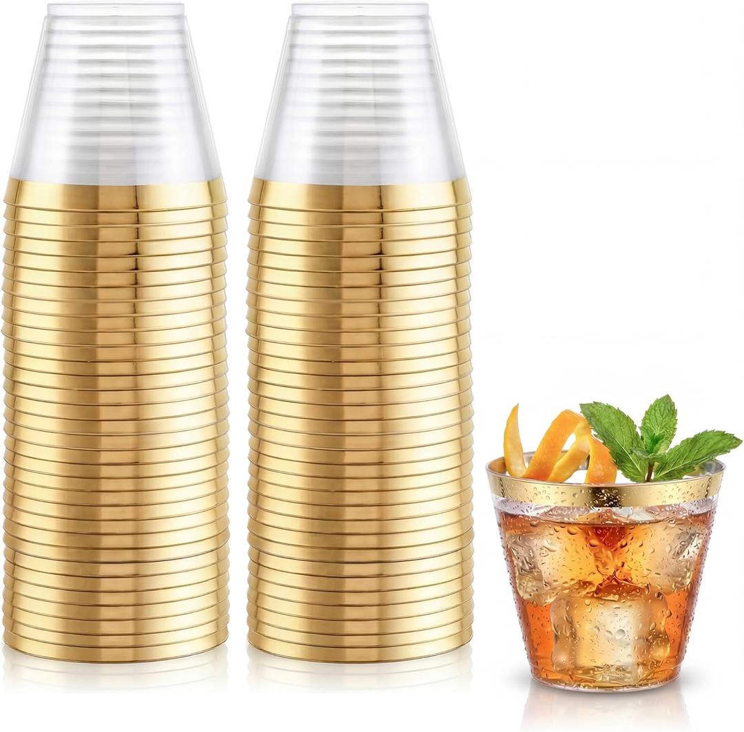 Hioasis 100Pcs 9OZ Clear Plastic Cups with Gold Trim - Plastic Disposable Cups, Heavy Duty & BPA-free for Party, Wedding, Celebrations
