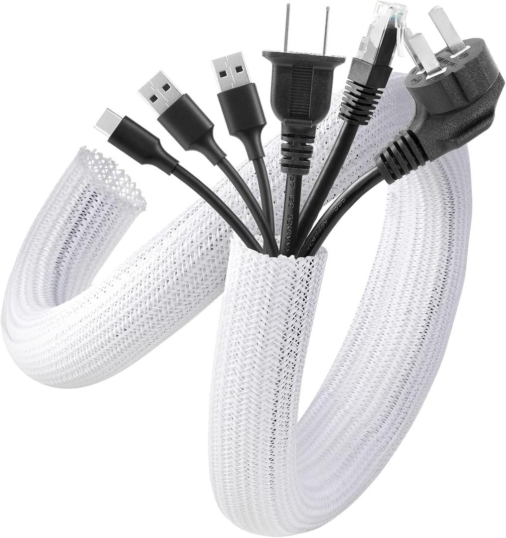 AGPTEK White Cable Sleeve Cover, 2 Pack 5ft - 1.2 inch Cord Management Wire Organizer Under Desk, Home Office Computer Wire Cover Hider Cord Protector, Protect Cables from Pet Cat Dog Chewing, White (1.2"-10ft)