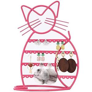 Urban Deco Cat Shaped Jewelry Organizer Stand - Earring Holder With 48 Stud Holes, Metal Display Vanity Organizer for Girls - Pink