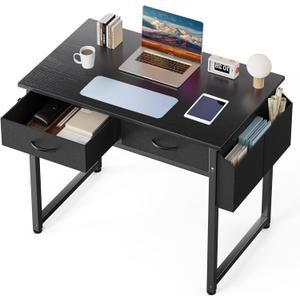 DUMOS 32" Home Office Computer Desk with Drawers, Small Gaming Writing Study Table with Storage Side Bag, Headphone Hook and Adjustable Feet for Bedroom Black