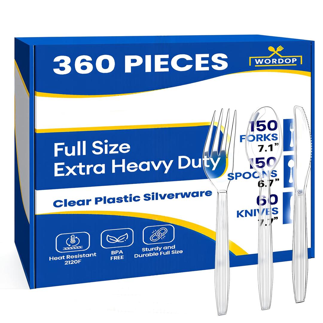 360 Count Extra Heavy Duty Plastic Silverware Set – Heat Resistant & BPA Free Disposable Silverware Cutlery 150 Forks, 150 Spoons, 60 Knives – Clear Premium Plastic Utensils for Parties & Events