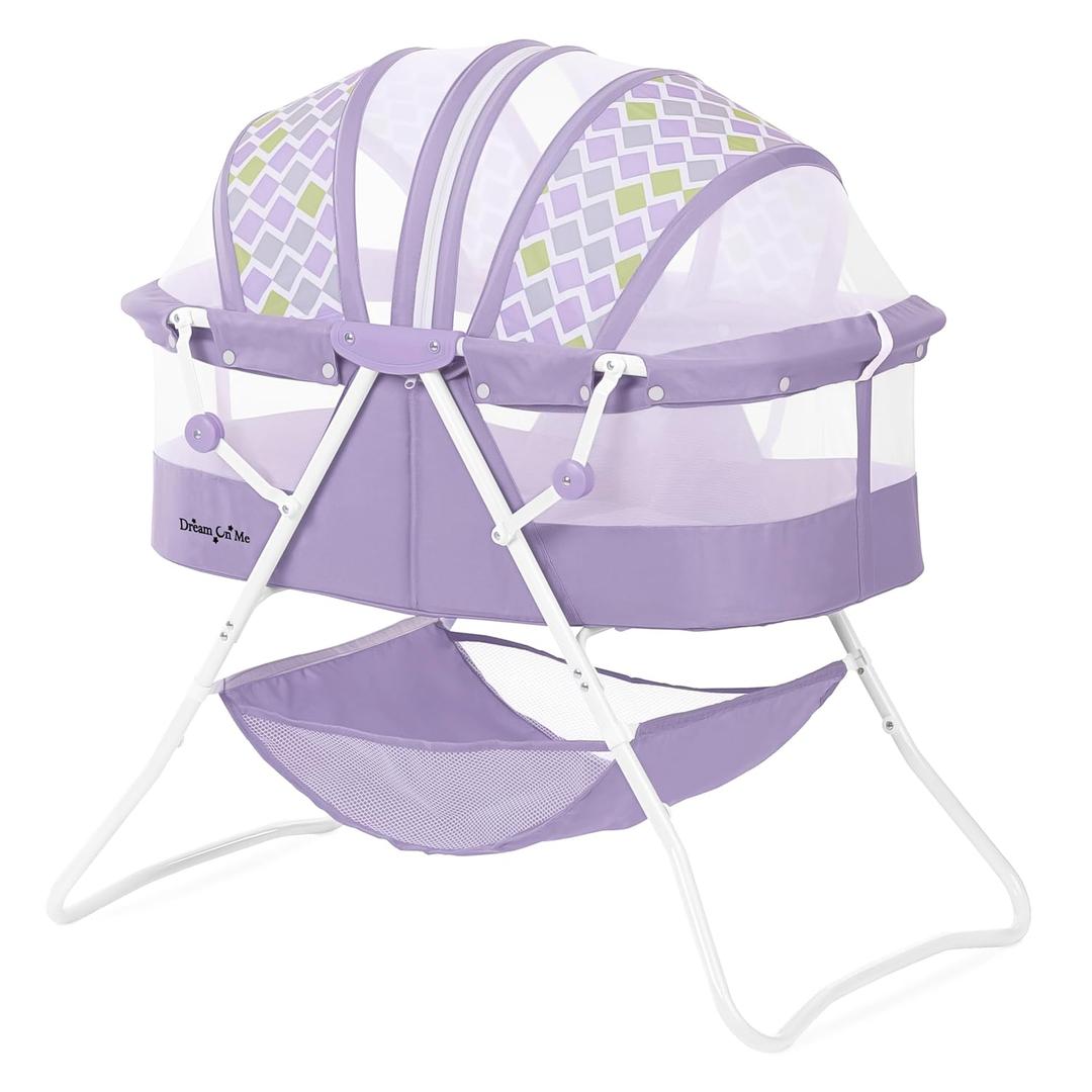Dream On Me Karley Bassinet, Award Winner Lightweight Travel Baby Bassinet, Foldable Bedside Sleeper, Adjustable Double Canopy, Spacious Design, Soft Fabric, Storage Basket Periwinkle