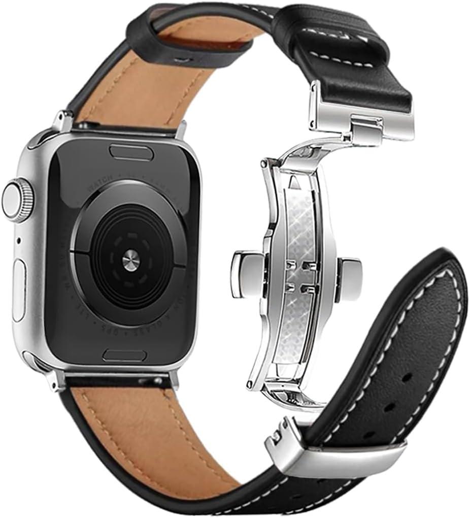 Genuine Leather Bands Compatible with Apple Watch Band Series 10 9 8 7 6 5 4 3 2 1 Ultra SE 49mm 46mm 45mm 41mm 44mm 40mm 42mm 38mm Women Men Top Calfskin for iWatch Wristband Replacement Strap (Black-Silver Butterfly Buckle)