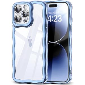 SKYLMW Compatible with iPhone 14 Pro Case, Kawaii Cute Curly Wave Frame Luxury Plating Edge, Stylish Glossy Clear Back, Soft TPU Shockproof Protective Cases for iPhone 14 Pro