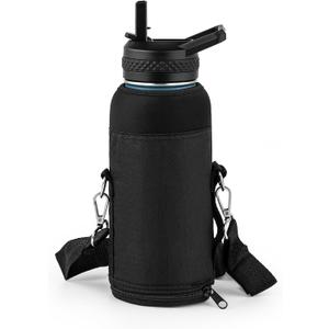Water Bottle Holder Carrier Bag Crossbody with Adjustable Shoulder Strap, 64 128 oz Sports Water Bottle Sleeve Accessories for Biking Hiking Travelling Camping, Black (32 Ounces)