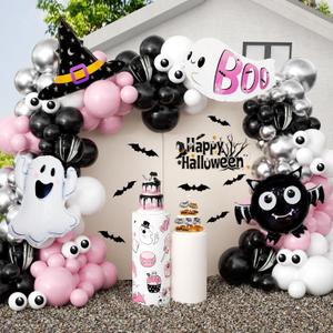 186Pcs Pink Halloween Balloons Garland Arch Kit,Pink and Black Party Decorations with Marble Eye Bat Witch Hat Ghost Foil Balloons Bat Stickers for Halloween Theme Party Birthday Baby Shower for Girls