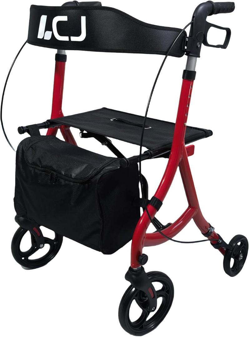 Rollator Walkers for Seniors with Seat,8" Front Wheel,Foldable Rollator Walker,Equipped with Shopping Bag,Height-Adjustable Seat,Supports up to 300 lbs(Red-Standard Version)