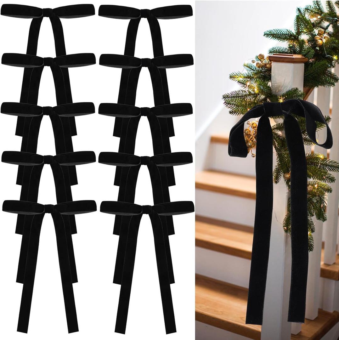 24 Pcs Velvet Bows Christmas Tree Ornaments Vintage Velvet Ribbon Bows for Tree Garland Wreath Indoor Xmas Decorations(9 x 13 Inch, Width of 1",Black)