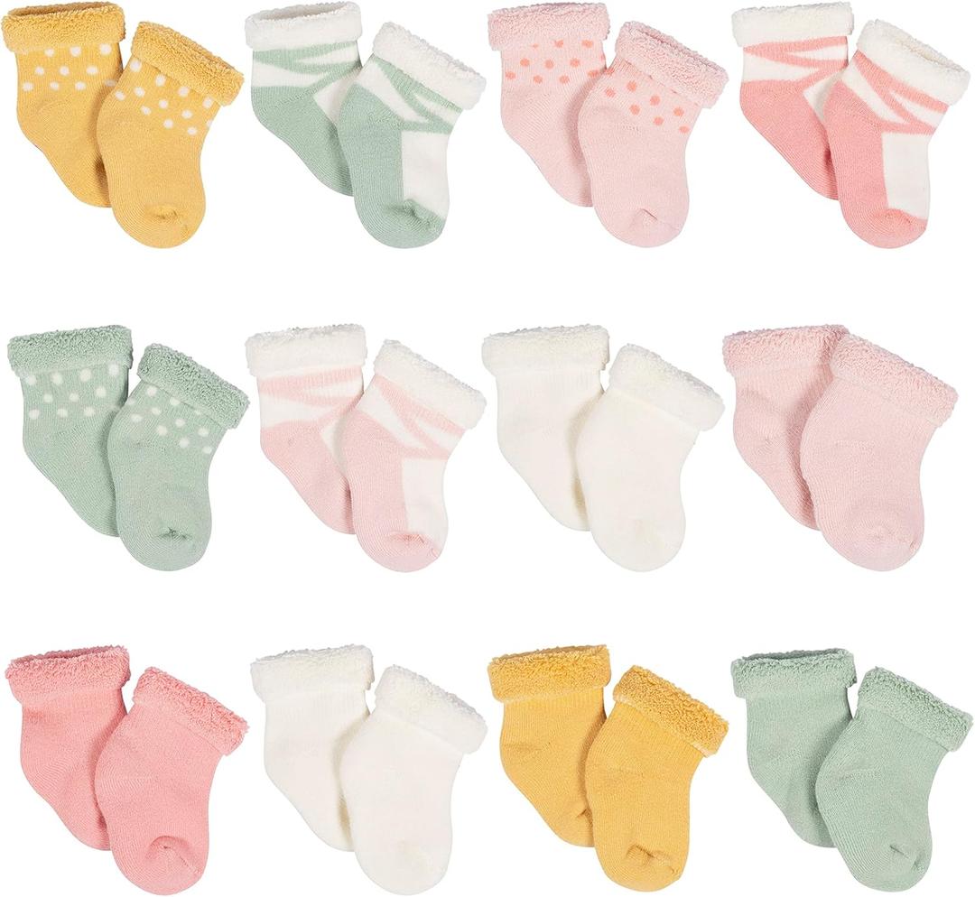 Gerber Baby 12-pair Sock Bundle (0-3 Months, Golden Floral)