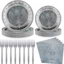 144 Pcs Medieval Pirate Party Supplies - Disposable Paper Pewter-style Tableware Set for Castle Knight Birthday Party Decor, Includes Plates, Napkins, and Forks