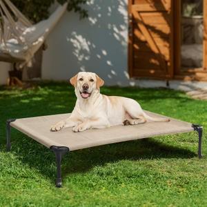 Veehoo Outdoor Elevated Dog Cot Bed, Cooling Raised Pet Bed for Large Dogs, Washable Breathable Mesh Hammock Bed with No-Slip Feet, Indestructible Ground Off Training Platform Cot-42"x30" Beige Coffee