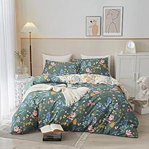 PinkMemory Green and White Floral Duvet Cover Queen 100% Cotton Reversible Green White Flower Pattern Bedding Duvet Cover Set Queen with Pillowcases Soft Durable Zipper Closure