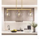 3-Light Gold Kitchen Island Linear Pendant Light, Brushed Gold Dining Room Chandelier with Clear Glass Globe Shades, Modern Linear Island Lighting Fixture Over Table