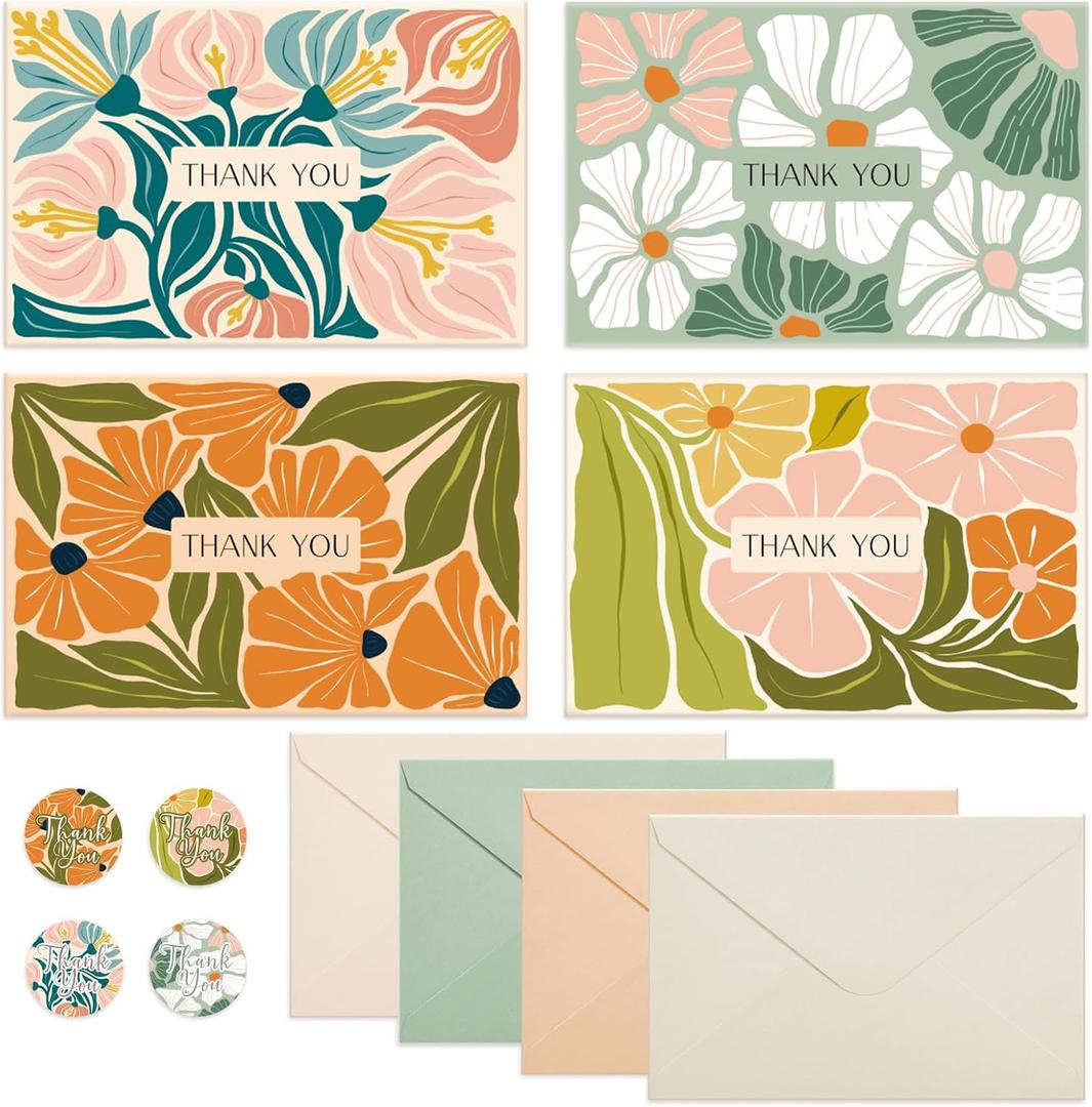 Thboxes Thank You Cards with Envelopes, 36 Pack Teacher Appreciation Cards with Stickers, 4x6 Inch Thank You Card Bulk for Graduation, Teacher's Day, Mother's Day, Wedding, Nurses Week Gifts