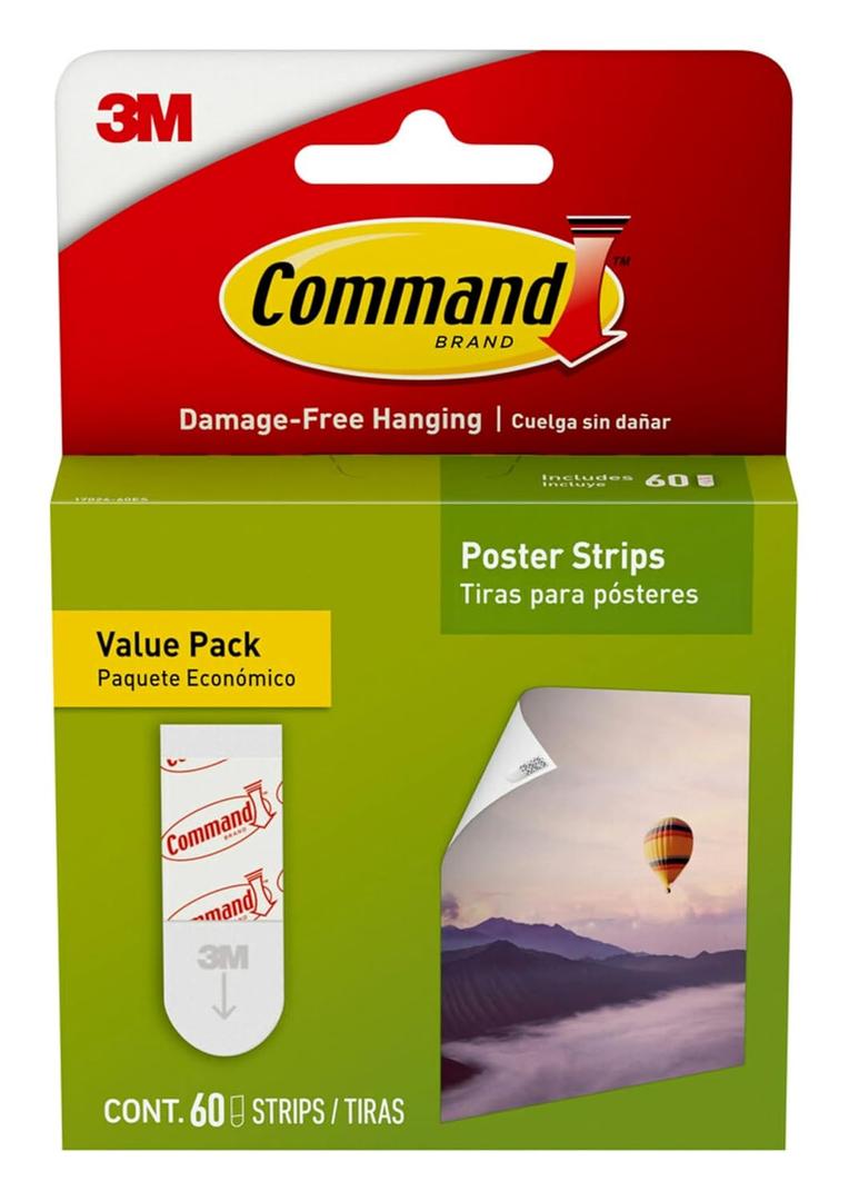 Command Poster Strips, Damage Free Hanging Poster Hangers, No Tools Wall Hanging, 60 White Adhesive Strips (Pack of 1)